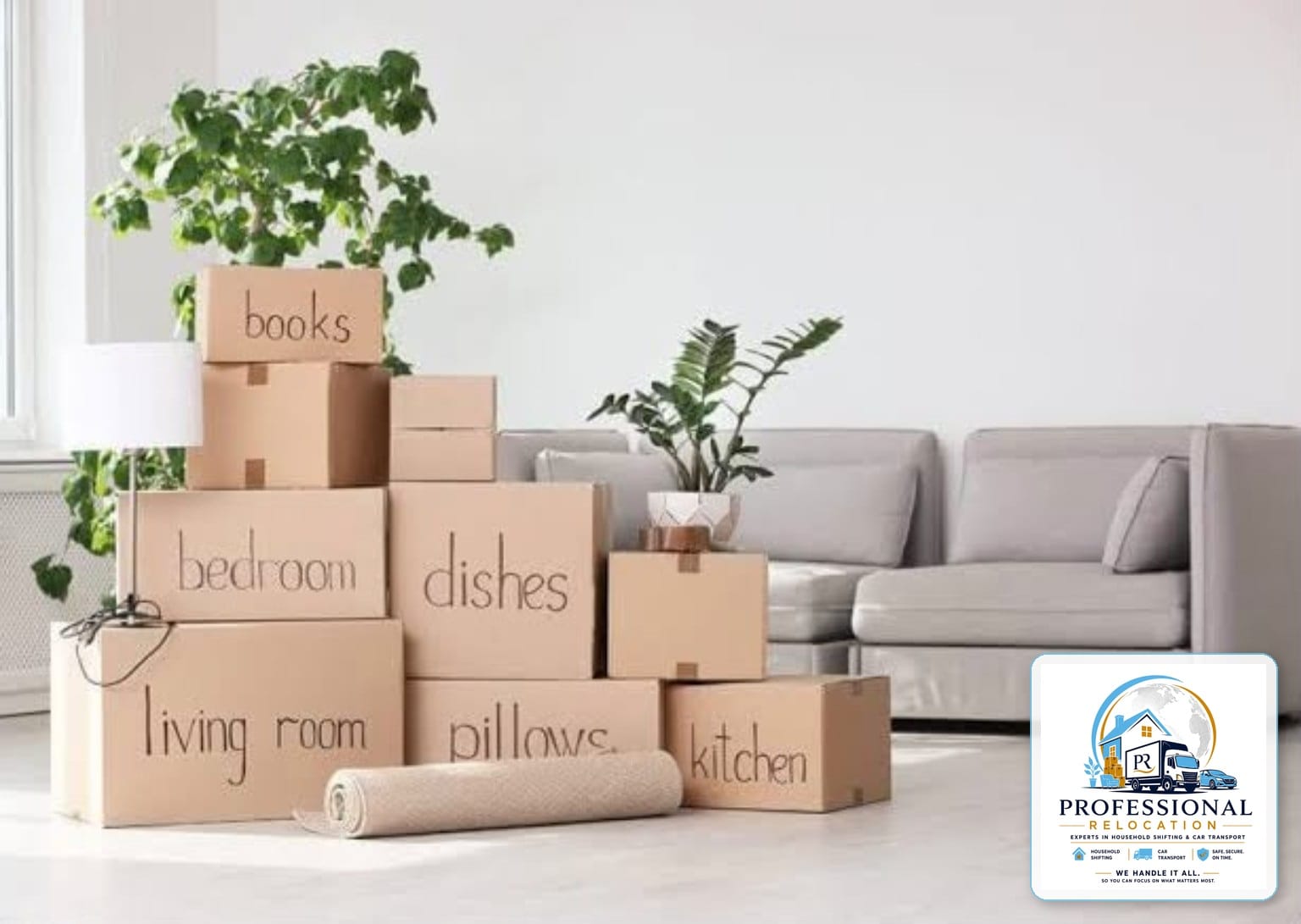 Organised moving cartons ready for household transportation