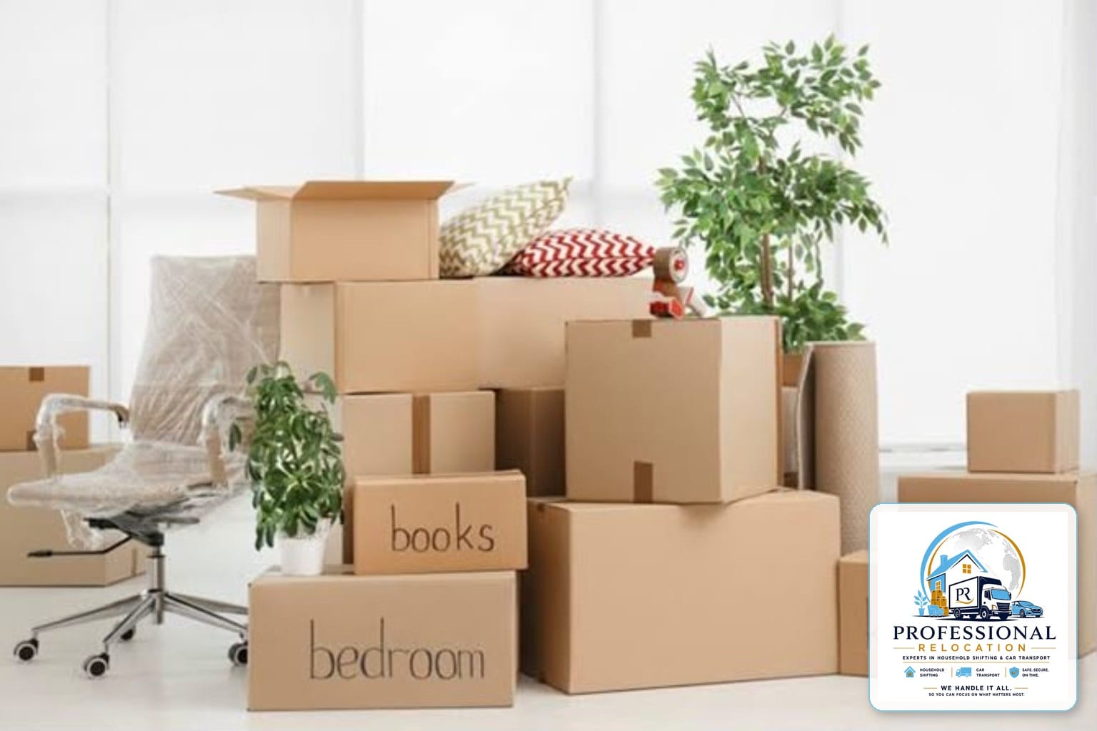Wrapped furniture and labelled moving boxes for house shifting
