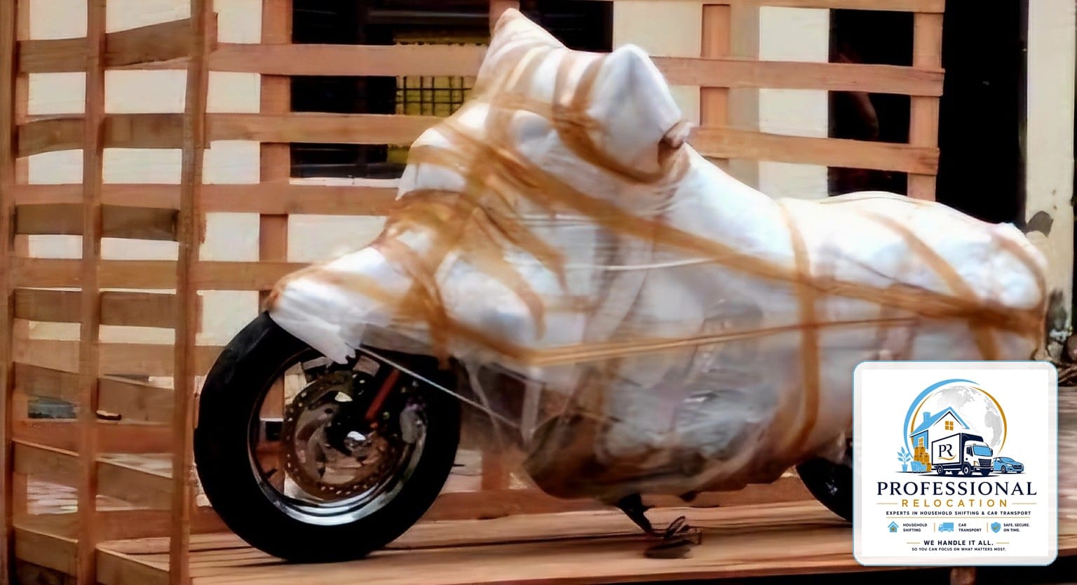 Packed motorcycle in a wooden crate ready for carrier loading