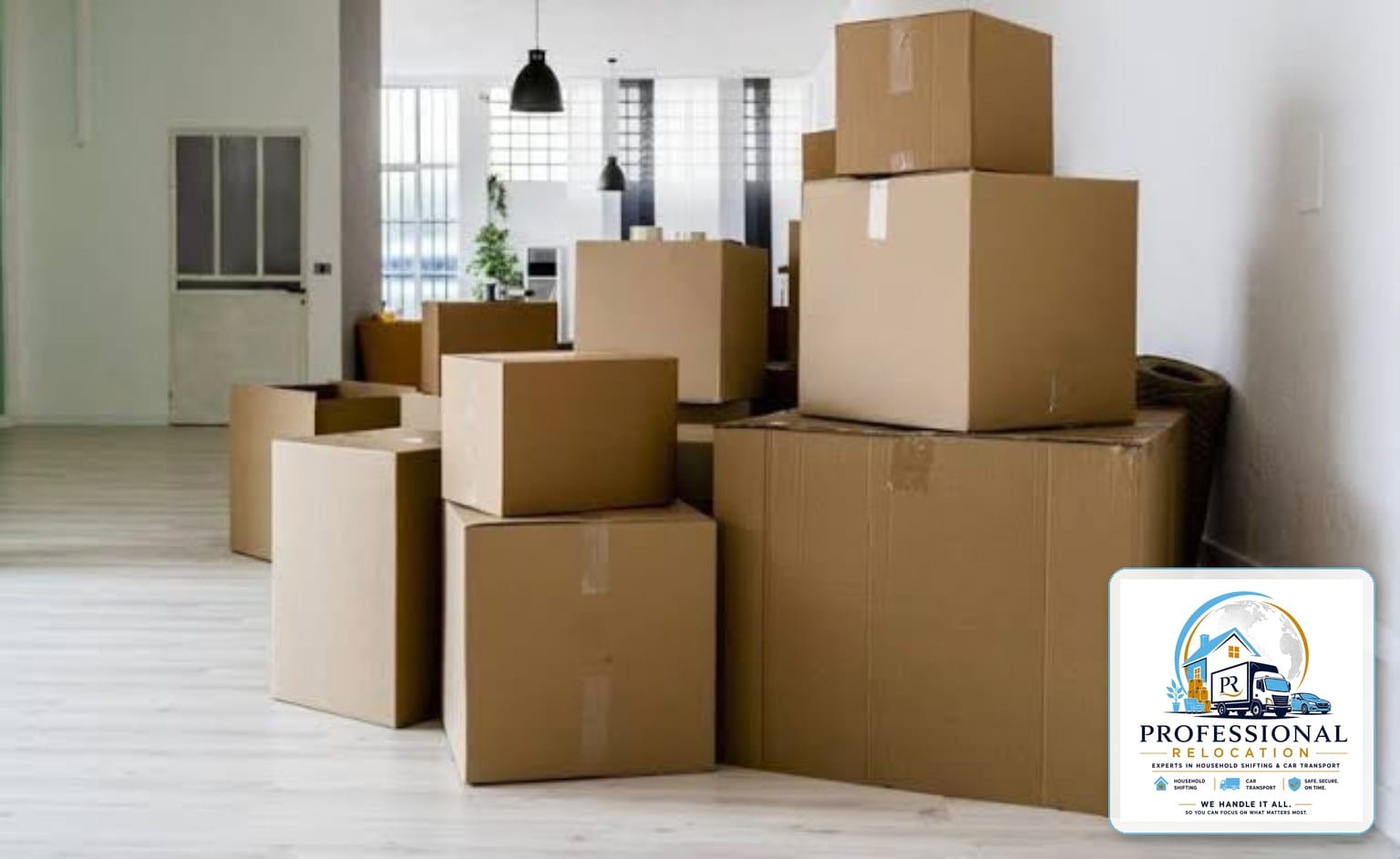 Moving boxes arranged inside a home before shifting