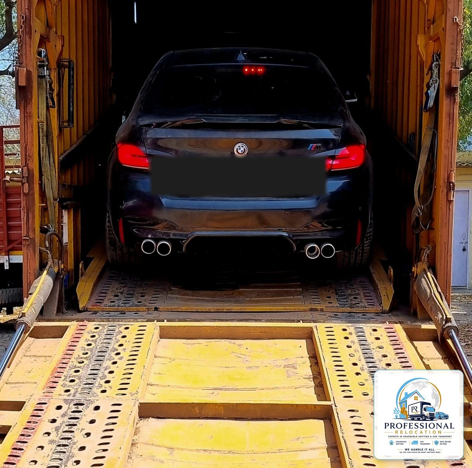 BMW M-series sedan secured for door-to-door car transport from Goa